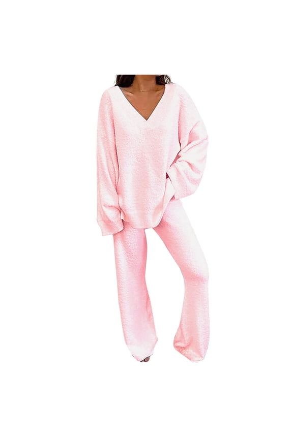 Womens Lounge Set Usmixi Womens Fleece 2 Piece Outfits Winter Cozy Plush Long Sleeve Tops and Baggy High Waist Pants Pajamas Set Casual Solid Homewear Loungewear Sets