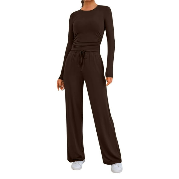 Womens Lounge Set Womens Sets Lounge Sets for Women 2 Piece Sets for Women Sets for Women Women's 2 Piece Outfits Lounge Sets 2025 Long Sleeve Crop Tops Wide Leg Pants Casual Matching Set, Coffee-M