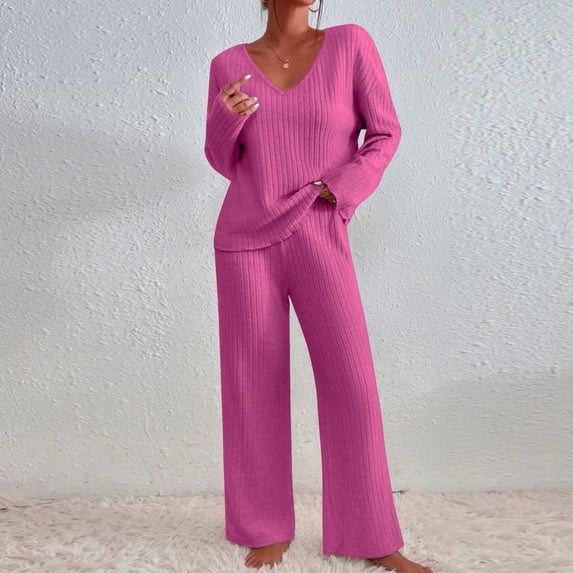 Womens Lounge Sets 2 Piece Matching Pajamas Fall Fashion 2025 Ribbed Knit Outfits Long Sleeve Casual Sweatsuits Hot Pink XL