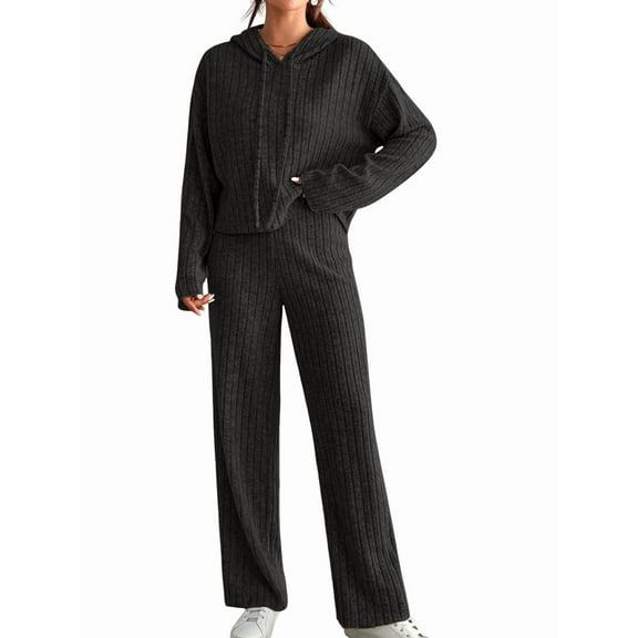 Womens Lounge Sets 2 Piece Matching Pajamas Fall Fashion Ribbed Knit Outfits Long Sleeve Casual Sweatsuits Black M