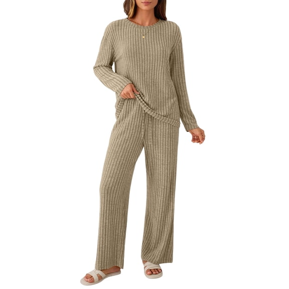 Womens Lounge Sets 2 Piece Matching Pajamas Fall Fashion Ribbed Knit Outfits Long Sleeve Casual Sweatsuits Cream White M