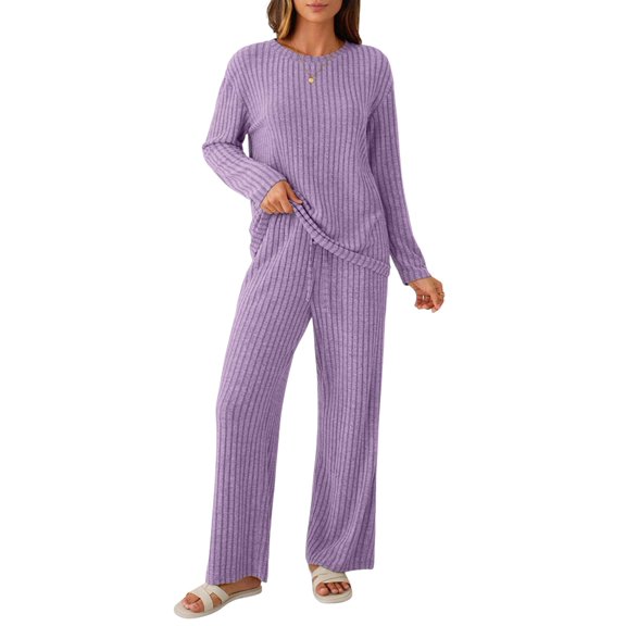 Womens Lounge Sets 2 Piece Matching Pajamas Fall Fashion Ribbed Knit Outfits Long Sleeve Casual Sweatsuits S