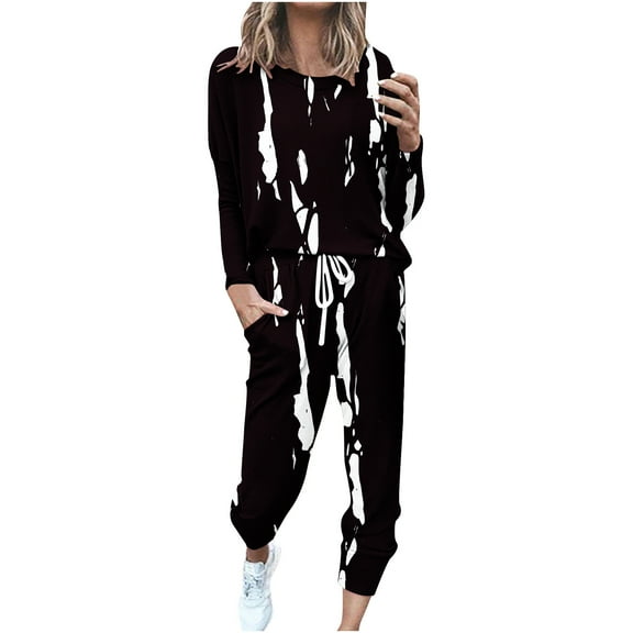 Womens Lounge Sets 2 Piece Outfits Long Sleeve Crew Neck Top and Pants Suits Fall Casual Loose Print Loungewear (Black 3XL)