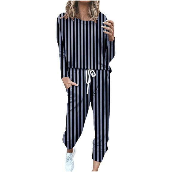 Womens Lounge Sets 2 Piece Outfits Long Sleeve Crew Neck Top and Pants Suits Fall Casual Loose Print Loungewear (Dark Blue L)