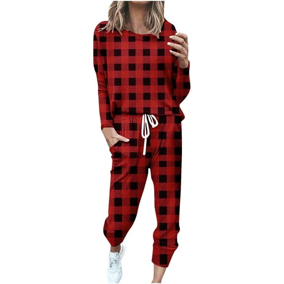 Womens Lounge Sets 2 Piece Outfits Long Sleeve Crew Neck Top and Pants Suits Fall Casual Loose Print Loungewear (Red S)