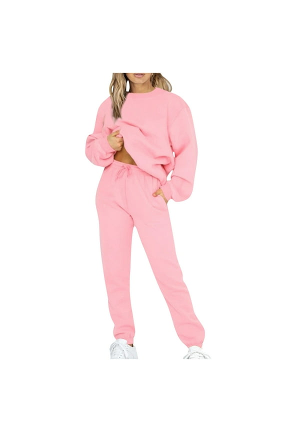 Womens Lounge Sets 2 Piece Outfits Long Sleeve Crewneck Tops with Elastic Waist Drawstring Cinch Bottom Pants Suits