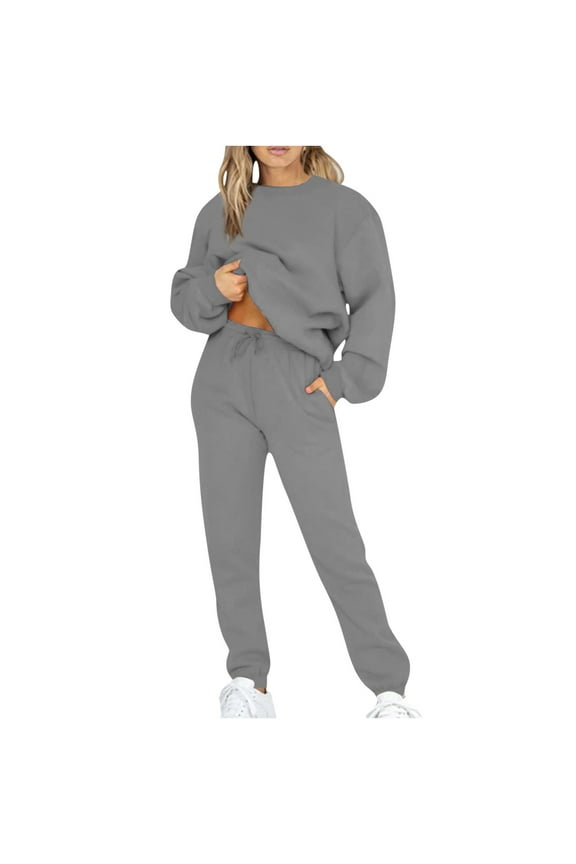 Womens Lounge Sets 2 Piece Outfits Long Sleeve Crewneck Tops with Elastic Waist Drawstring Cinch Bottom Pants Suits