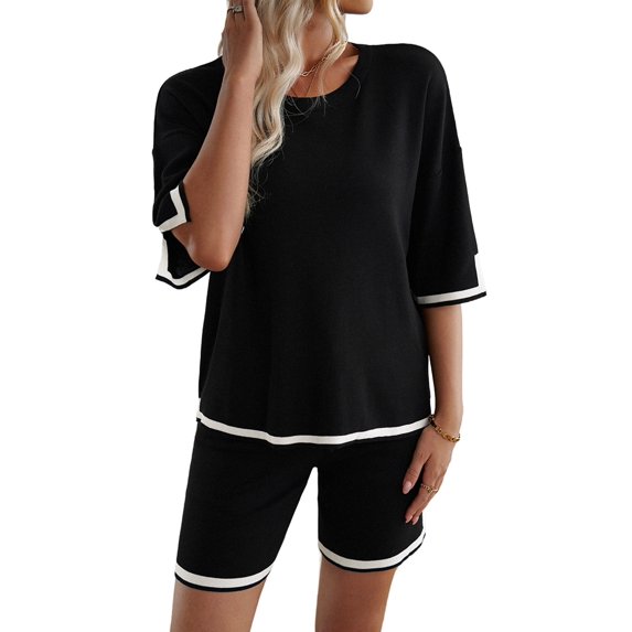 Womens Lounge Sets 2 Piece Outfits Short Sleeve Pullover Tops Wide Leg Pants Summer Travel Outfits Black S