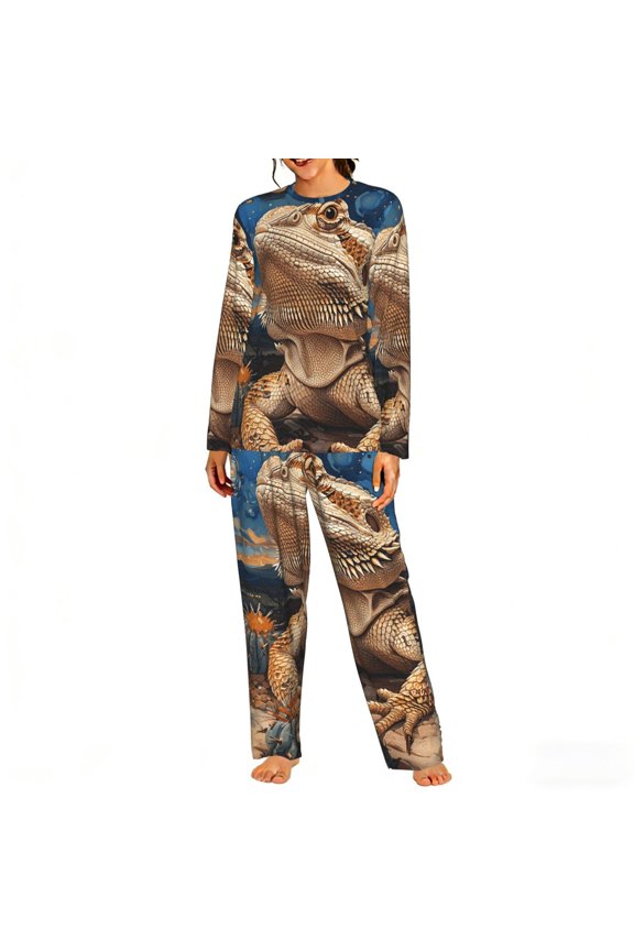 Womens Lounge Sets 2 Piece Pajamas Outfits Long Sleeve Casual Sweatsuits, Bearded Dragon Lizards Retro Starry