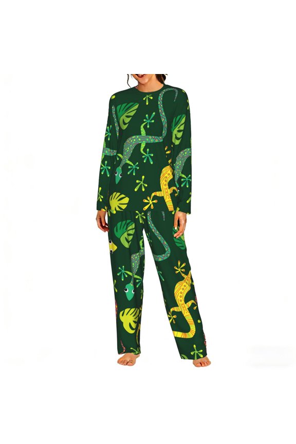 Womens Lounge Sets 2 Piece Pajamas Outfits Long Sleeve Casual Sweatsuits, Colorful Lizard Gecko Native