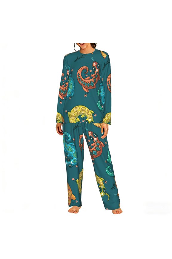 Womens Lounge Sets 2 Piece Pajamas Outfits Long Sleeve Casual Sweatsuits, Electric Gecko Lizards Psychedelic