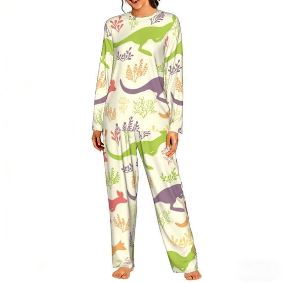 Womens Lounge Sets 2 Piece Pajamas Outfits Long Sleeve Casual Sweatsuits, Jumping Animal Vintage Silhouette