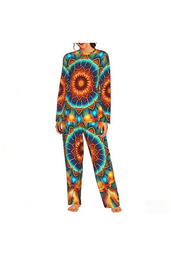 Womens Lounge Sets 2 Piece Pajamas Outfits Long Sleeve Casual Sweatsuits, Kaleidoscope Psychedelic Trippy Vintage