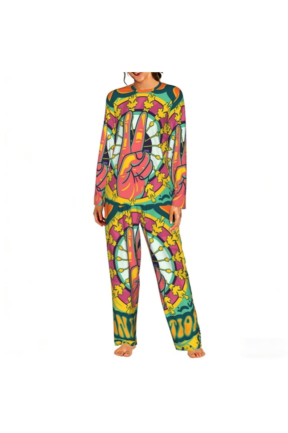 Womens Lounge Sets 2 Piece Pajamas Outfits Long Sleeve Casual Sweatsuits, Psychedelic Love Generation Hippie