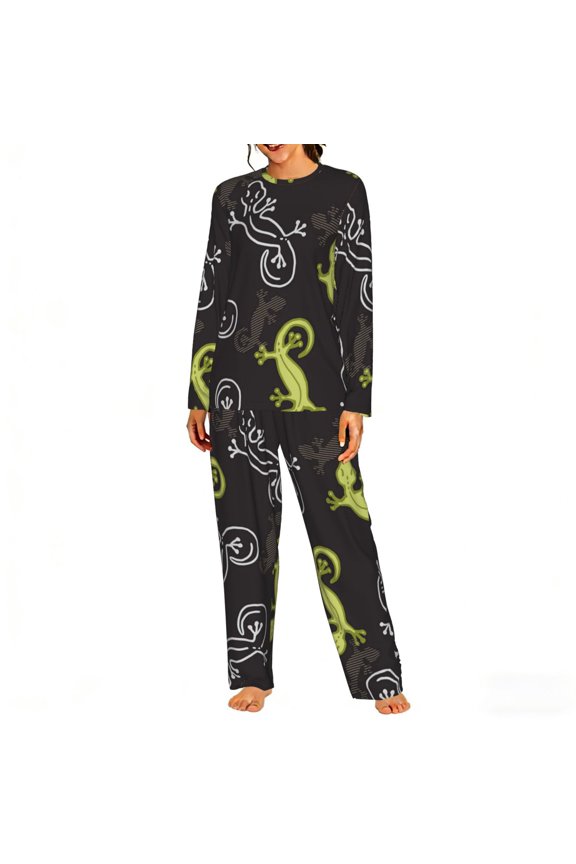 Womens Lounge Sets 2 Piece Pajamas Outfits Long Sleeve Casual Sweatsuits, Wild Lizard Gecko Silhouette Art