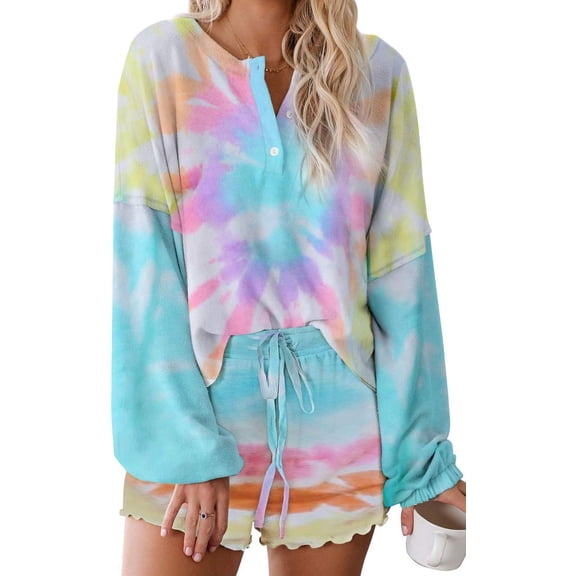 Womens Lounge Sets 2 Piece Pajamas Set Long Sleeve Tops and Shorts Sleepwear Tie Dye Printed Nightwear
