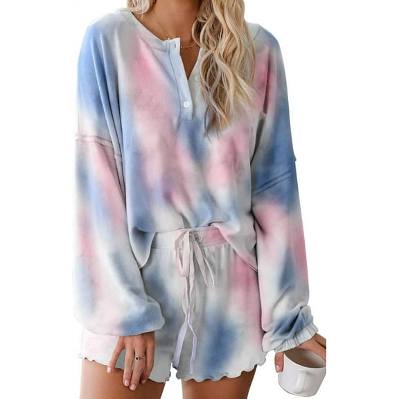Womens Lounge Sets 2 Piece Pajamas Set Long Sleeve Tops and Shorts Sleepwear Tie Dye Printed Nightwear