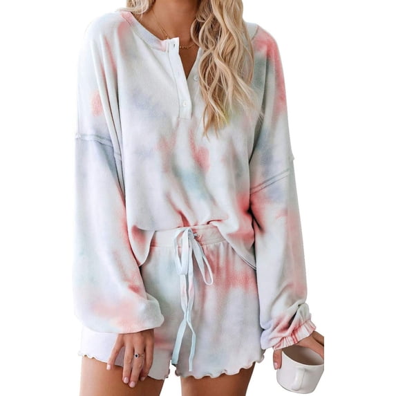Womens Lounge Sets 2 Piece Pajamas Set Long Sleeve Tops and Shorts Sleepwear Tie Dye Printed Nightwear