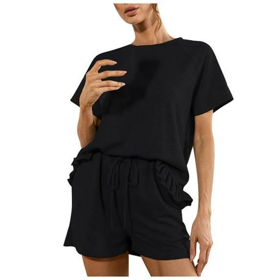 Womens Lounge Sets 2 Piece Solid Short Sleeve Ruffle Tops with Drawstring Shorts Outfits Pajamas Sets Tracksuits