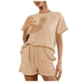 thumbnail image 1 of Womens Lounge Sets 2 Piece Solid Short Sleeve Ruffle Tops with Drawstring Shorts Outfits Pajamas Sets Tracksuits, 1 of 7