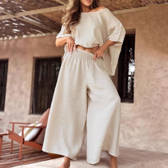 Womens Lounge Sets For Spring/Summer Round Neck Casual Loose Solid Color Off Shoulder Outfit Sets — Beige∣2XL