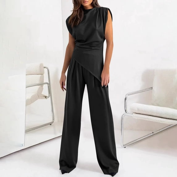 Womens Lounge Sets For Spring/Summer Solid Color Irregular Suit Sleeveless Round Neck Black Outfit Sets S-3XL