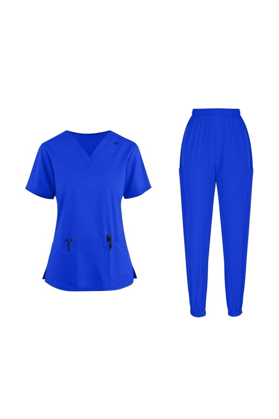 Womens Lounge Sets Plus Size Solid Color V-Neck Nurse Clothes Pocket With Elastic Waist Foot Binding Long Pants Dry Cleaning Hand Clothes Blue Outfit Sets S-2XL