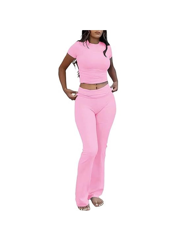 Womens Lounge Sets Slim Fit Short Sleeve Crop Tops Matching Wide Leg Yoga Pants Tracksuit 2 Piece Workout Outfits