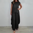 thumbnail image 1 of Womens Lounge Sets Summer Fashion Clothes Solid-Color Round-Neck Short-Sleeved Pleated Top And Straight-Leg Pants Casual Outfit Sets — Black∣2XL, 1 of 8