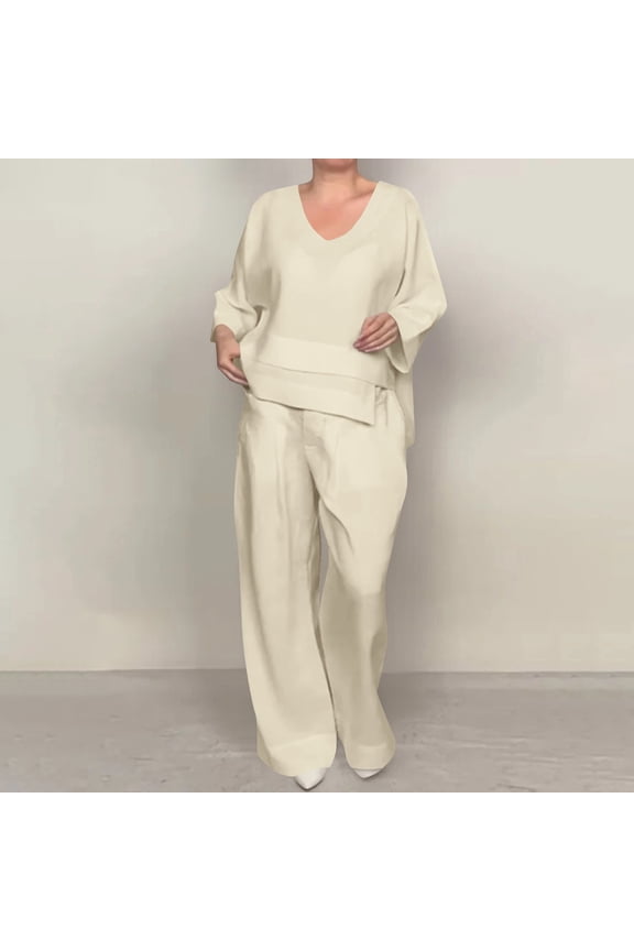 Womens Lounge Sets Summer Fashion Clothes Solid-Color V-Neck Mid-Sleeve Top With Straight Pocket Pants Casual Beige Outfit Sets S-5XL