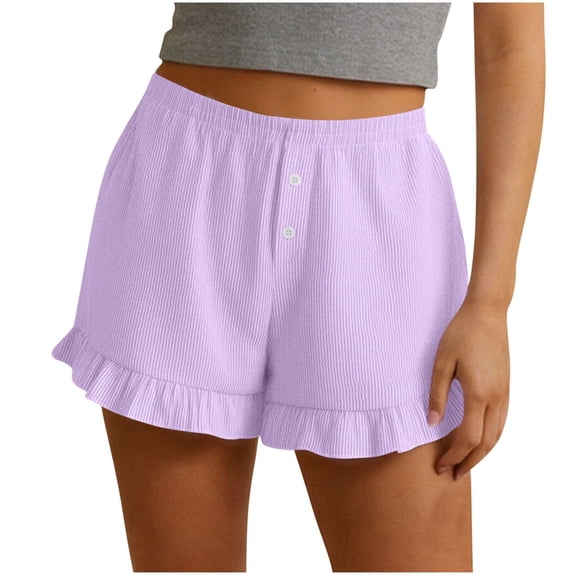 Womens Lounge Shorts Striped Cute Ruffled Pjs Bottom Elastic Waist Summer Sleep Casual Beach Shorts with Pockets (M, Purple)