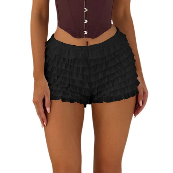 Womens Lounge Shorts Summer Lace Mini Skirt Low Rise Micro Skirt Asymmetrical Ruffle Hem Flared Short Skirts Summer Pants for Women Black M