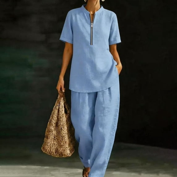 Womens Lounge Sweat Set Sweatsuits 2 Piece Sets Oversized Half Zip Tops and Wide Leg Pants Loose Fit Flowy Lightweight Elegant Trendy Office Work Beach Travel Outfit, Light Blue 2XL
