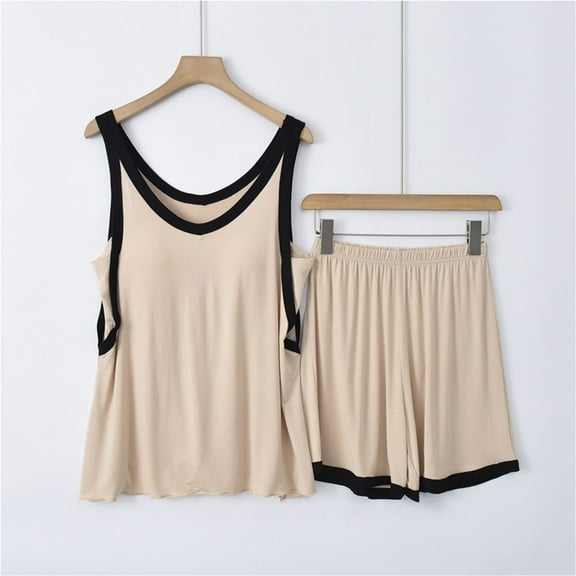 uublik Womens Lounge Wear 2 Piece Set Sleeveless V-neck Tank Tops Versatile Home Shorts 2-Piece Set Beige, XXL