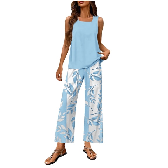 Womens Lounge Wear Pajamas 2 Piece Sleepwear Set Tank Tops Floral Long Pants Casual Plus Size Going Out Outfits Sets Light Blue, XL