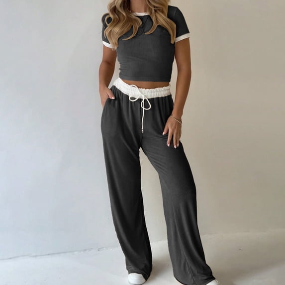 Womens Loungewear Ribbed Set, Cropped T-Shirt Drawstring Wide Leg Pants, Daily Streetwear Sports Outfits Dark Gray S