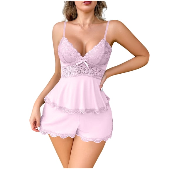 Womens Loungewear Set 2-Piece Pajama Shorts - Pink Lace Camisole Top & Relaxed Sleepwear Shorts | Soft Stretchy Peplum Lounge Set,Size M