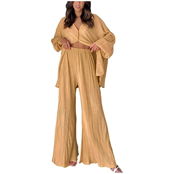 Womens Loungewear Set 2 Piece Sweatsuits Outfits Casual Pleated Long Sleeve Button Down Shirt And Palazzo Pants Baggy Cropped Pants Woman Jumpsuit & Romper Elegant Plaid Outfits for Women Young Work