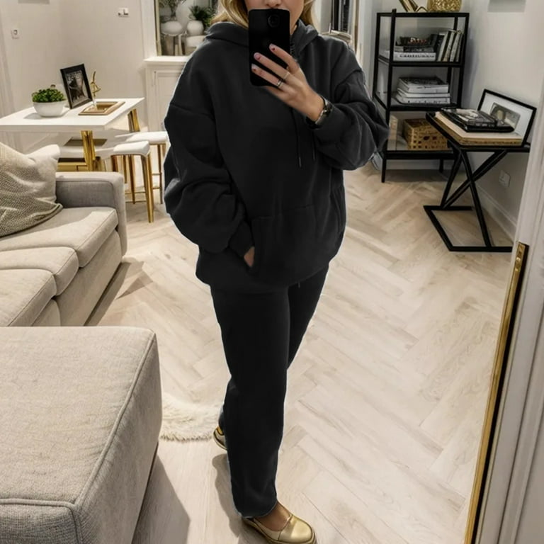 Womens Loungewear Set Casual sports solid color two piece winter pockets Matching Sets Women Clothing Long Sleeve Temperament Lounge Sets for Women Simple Leisure Loungewear Sets Woman Walmart