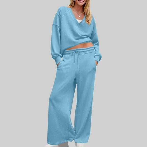 Womens Loungewear Sets Loose V Neck Long Sleeve Sweatshirt Wide Leg Pants 2 Piece Tracksuit Outfits with Pockets New Beach Vacation Clothing Set for Women Light Blue XL