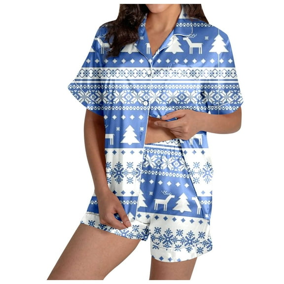 Womens Loungewear Sets – Two Piece Pajamas Ideal Ladies' Fashionable Casual Reindeer Snowflake Christmas Tree Snowman Print Silk Satin Short Sleeved Button Up Pajamas Set