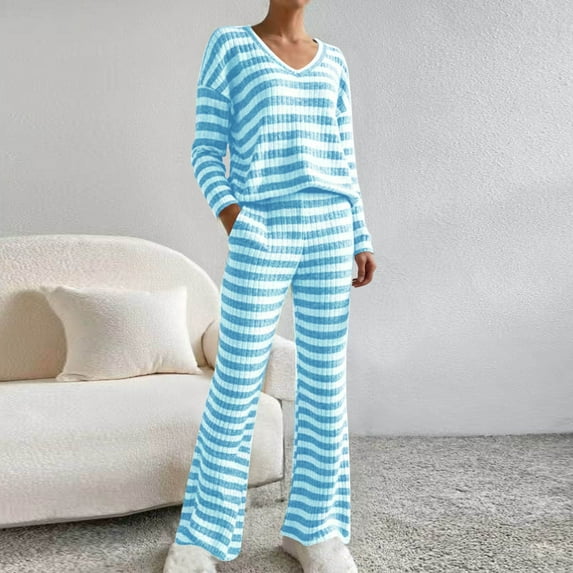 Womens Loungewear Sweater Set Striped Long Sleeve V-Neck Sweater Tops Wide Leg Pants 2 Piece Pajama Outfits Blue M
