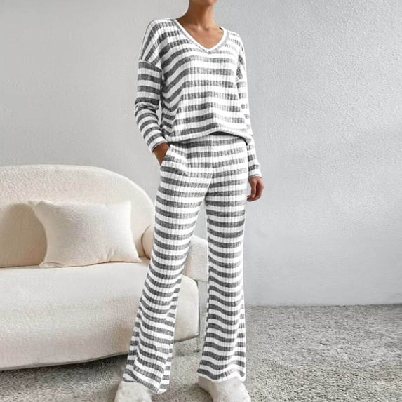 Womens Loungewear Sweater Set Striped Long Sleeve V-Neck Sweater Tops Wide Leg Pants 2 Piece Pajama Outfits Gray S