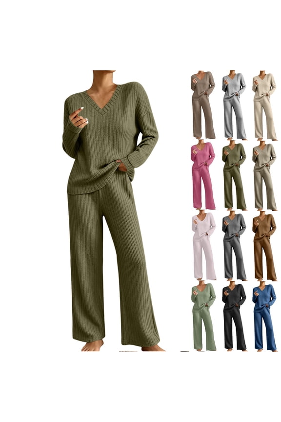 Womens Loungewear Sweater Sets, 2 Piece Matching Travel Outfits, Lightweight Ribbed Two Piece Set, Everyday Casual Wear Green XXL