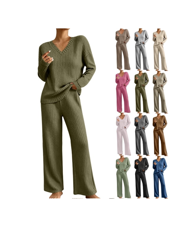 Womens Loungewear Sweater Sets, 2 Piece Matching Travel Outfits, Lightweight Ribbed Two Piece Set, Everyday Casual Wear Green XXL