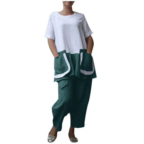 Womens Loungewear Two Piece Casual Linen Short Sleeve Tops with Two Pockets Cropped Wide Leg Pants Pajamas Sets Womens Clothes