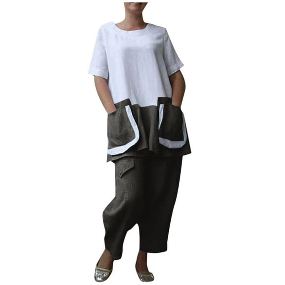 Womens Loungewear Two Piece Casual Linen Short Sleeve Tops with Two Pockets Cropped Wide Leg Pants Pajamas Sets
