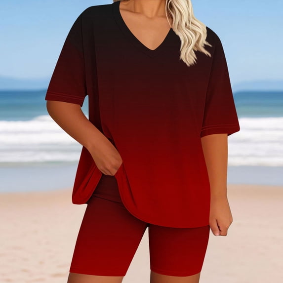 Womens Loungewear Two Piece Set Oversized V Neck Tunic Tops with Biker Shorts Soft Stretchy for Home, Sleepwear and Casual Daily Wear Red XXL