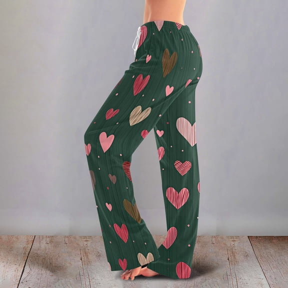 Womens Love Heart Pajama Pants Holiday Elastic Waist Cute Valentine's Day Pajama Pants Comfy Drawstring Sleepwear Long Pajamas Pants