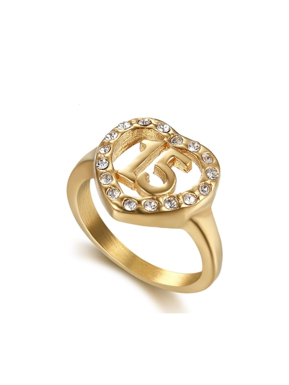 Womens Love Heart Ring Number 15 Gold Titanium Steel Ring Heart Shaped Ring for Women Anniversary Gift Number Ring Fashion Jewelry